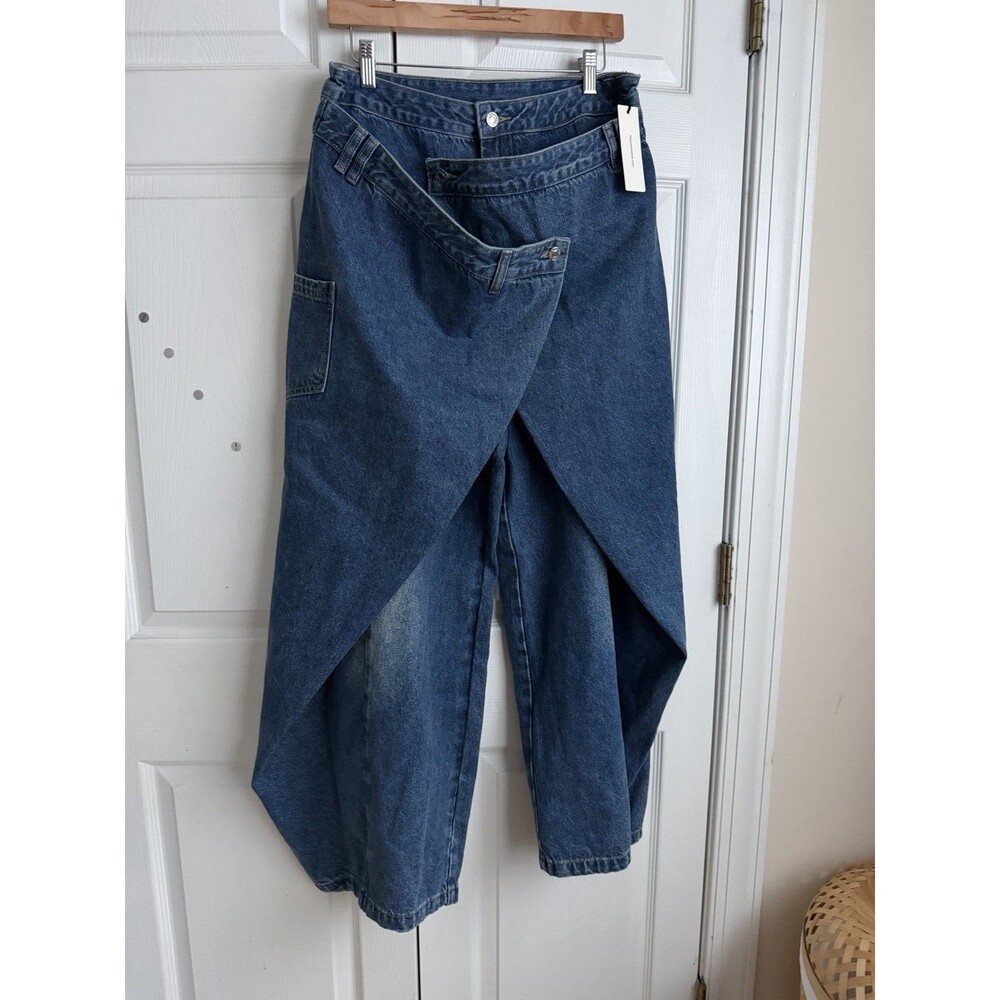 Commense Size XL Jeans Womens Medium Blue High Rise Wide Leg Cargo Wrap - Picture 2 of 9